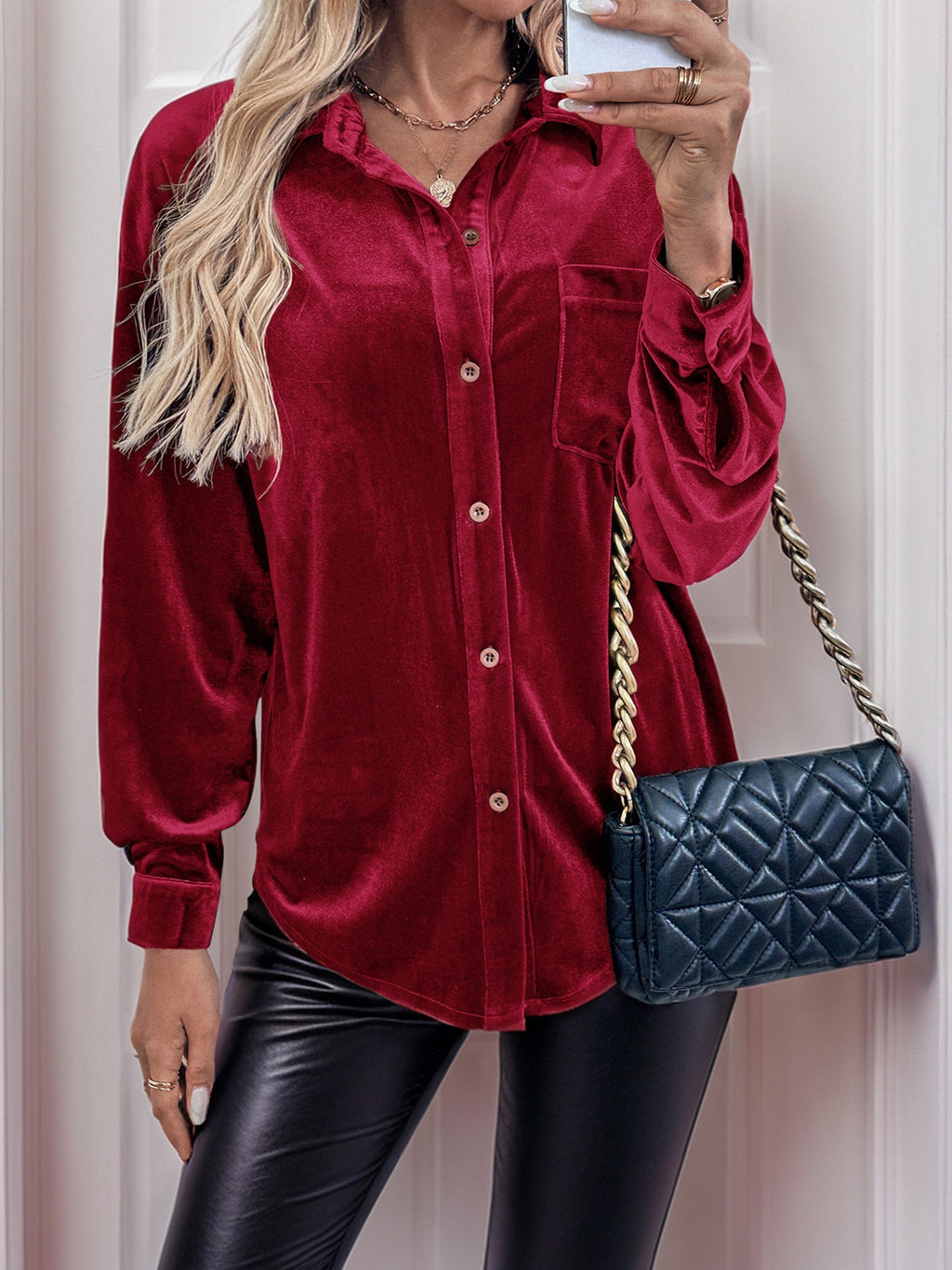 Velvet Collared Button Down Shirt - Red - 1