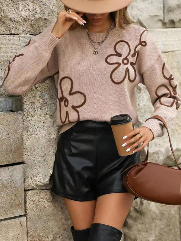 Sketched Daisy Motif Knitted Pullover - Camel