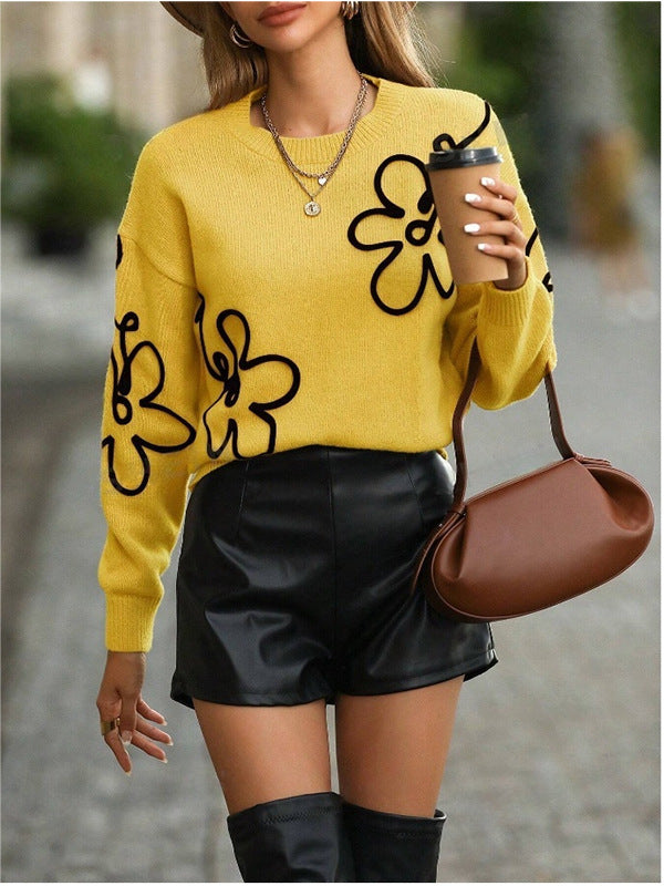Sketched Daisy Motif Knitted Pullover - view 1