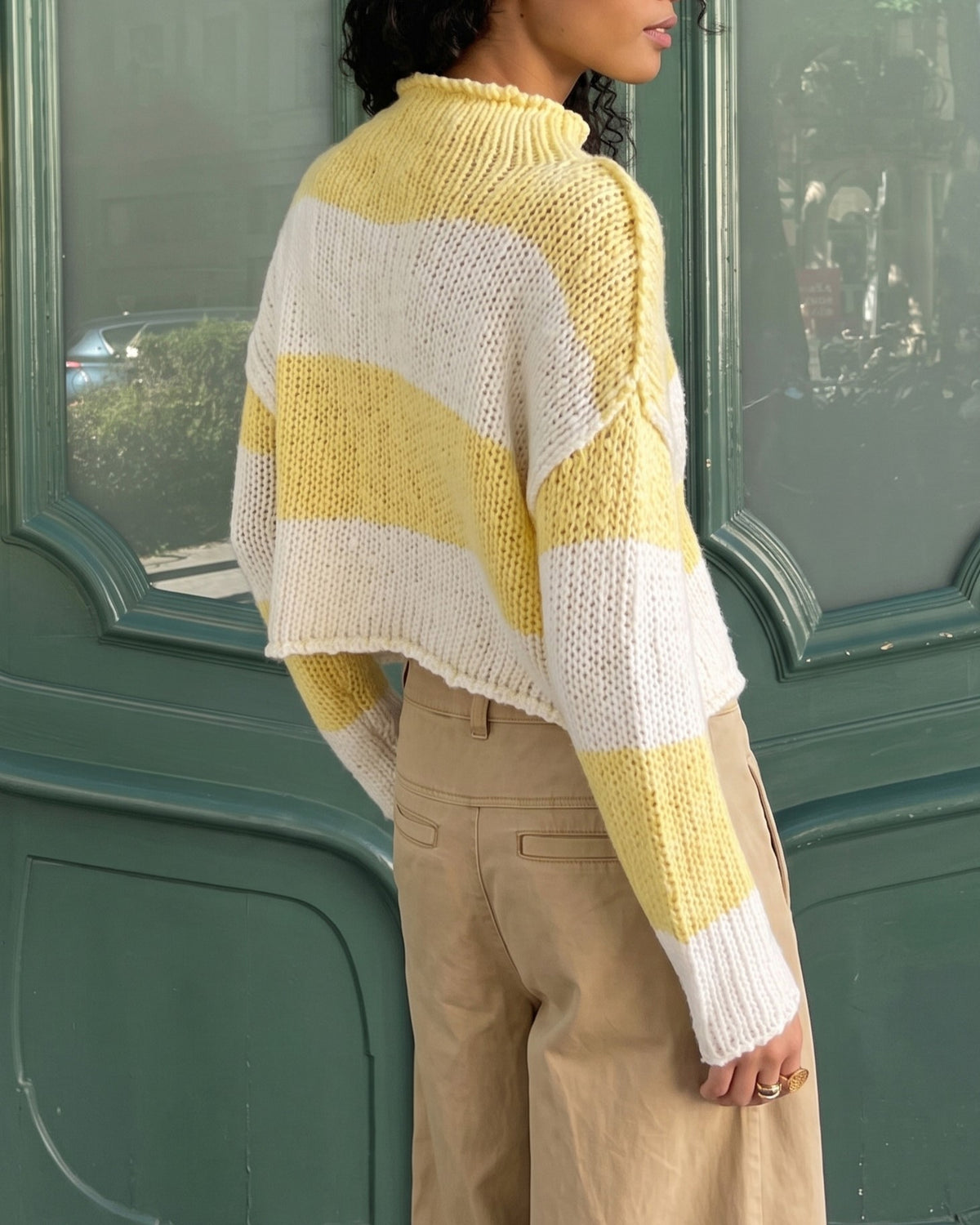 Wide Stripe Mock Neck Cropped Sweater - Yellow - 1
