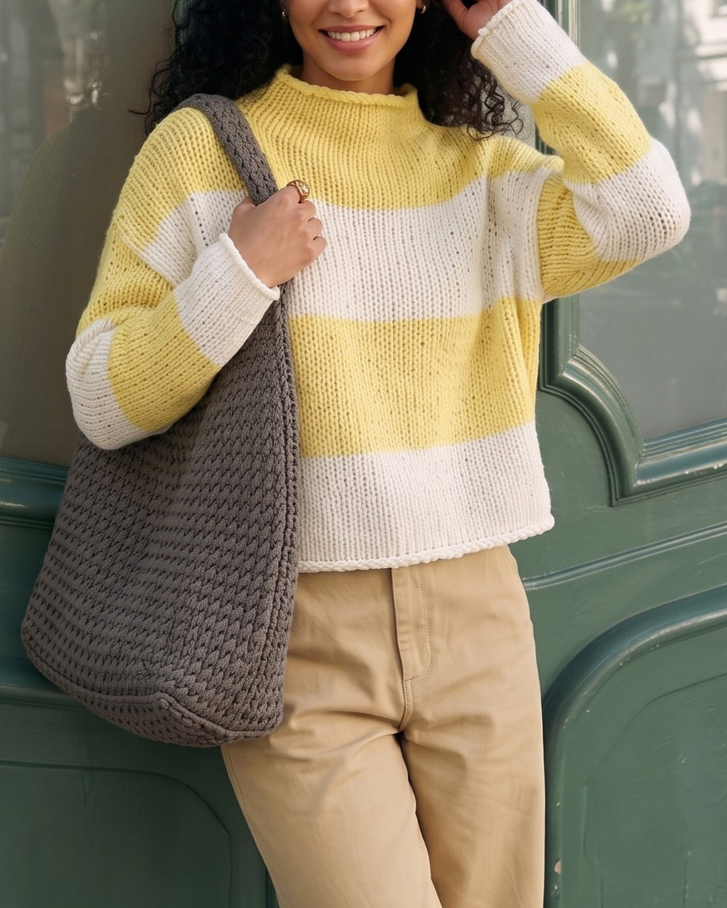 Wide Stripe Mock Neck Cropped Sweater - Yellow - 3