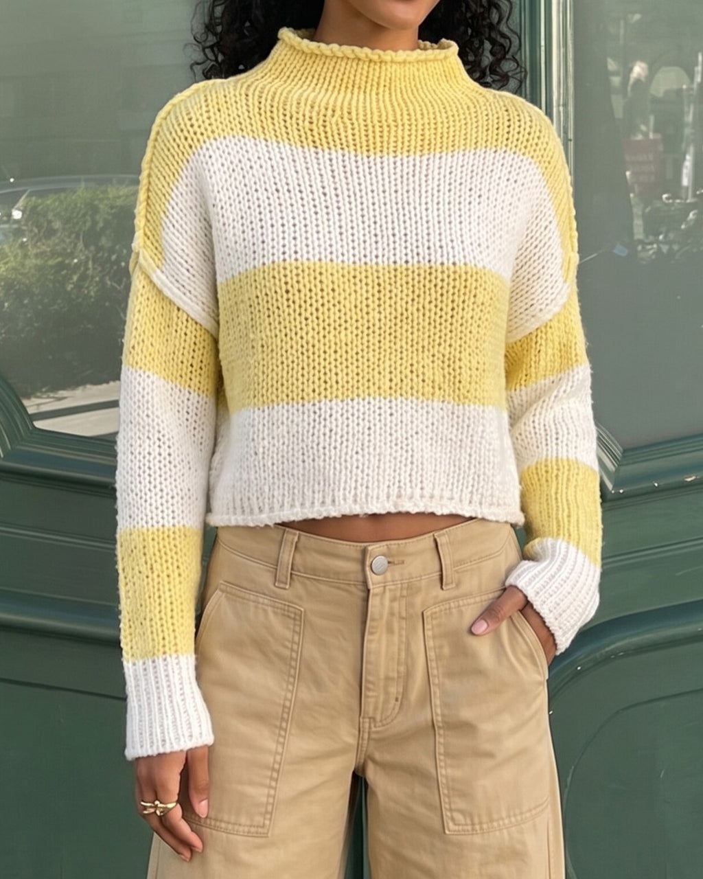 Wide Stripe Mock Neck Cropped Sweater - Yellow - 4