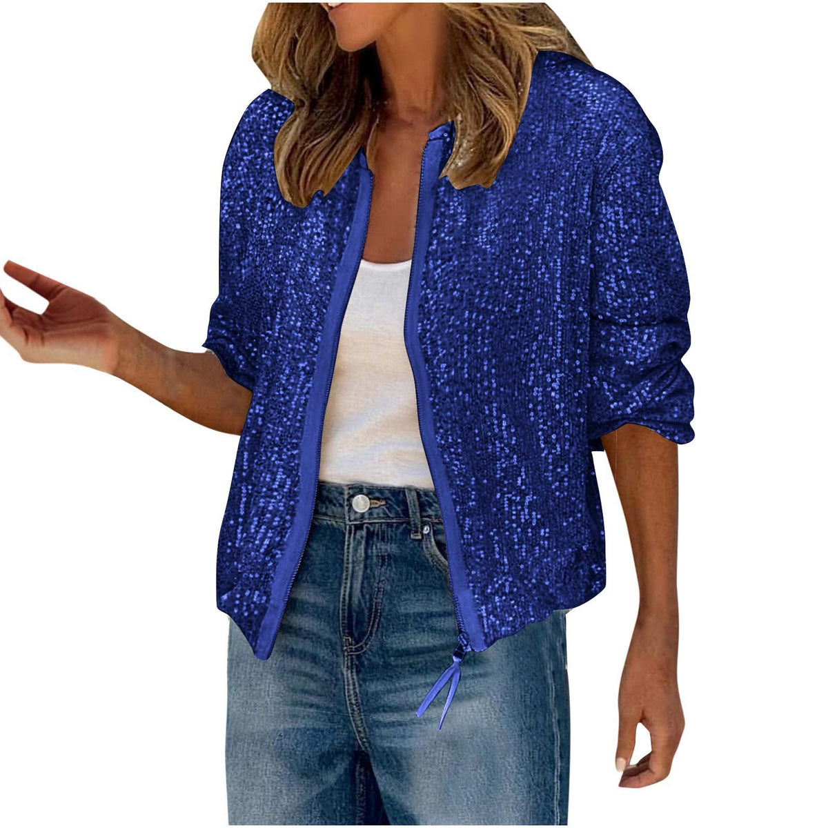 Sparkle Sequin Zip Up Bomber Jacket - Blue