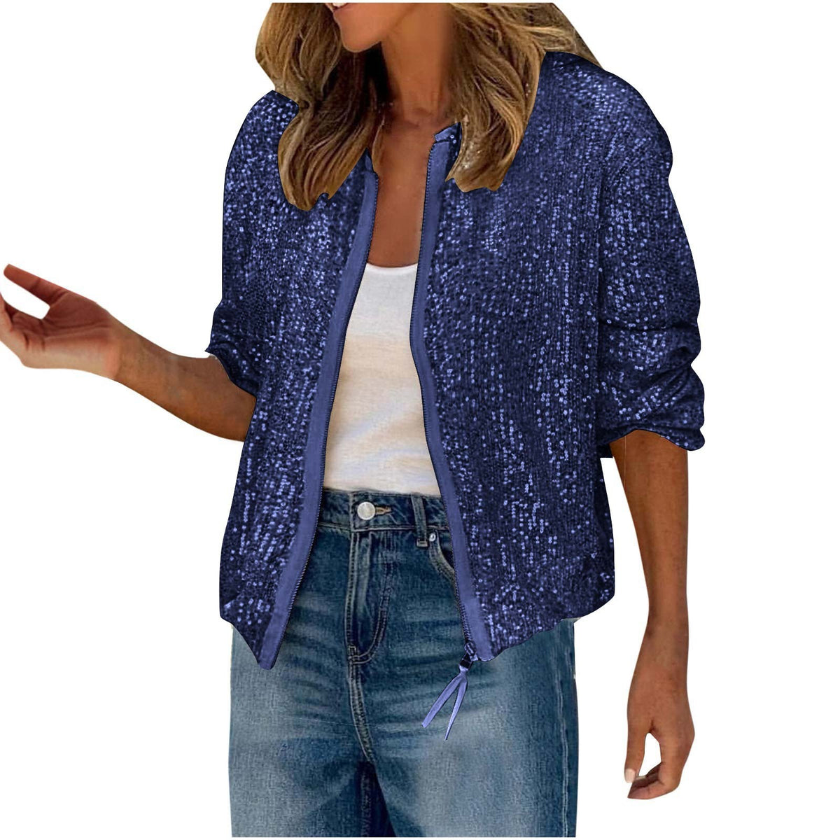 Sparkle Sequin Zip Up Bomber Jacket - DarkBlue