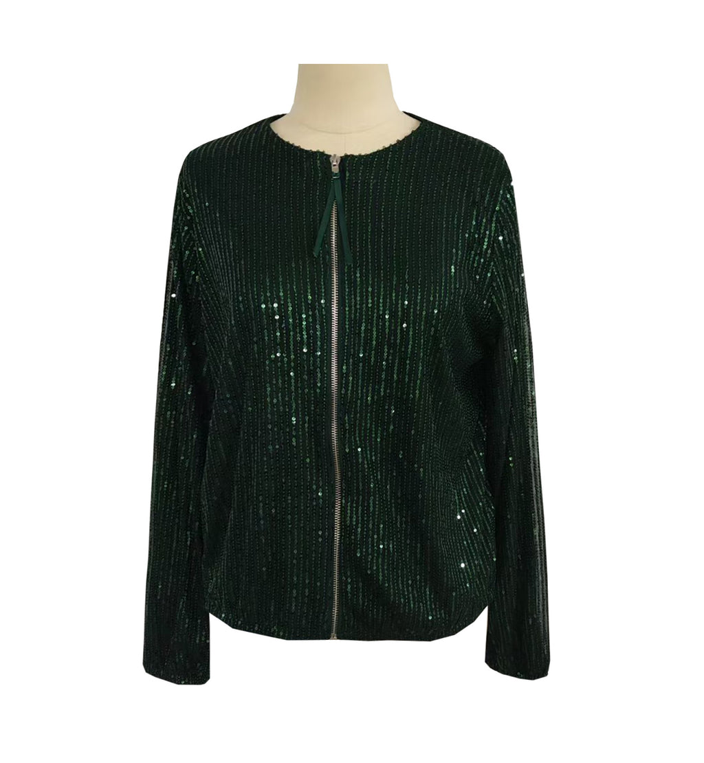 Sparkle Sequin Zip Up Bomber Jacket - Green - 1
