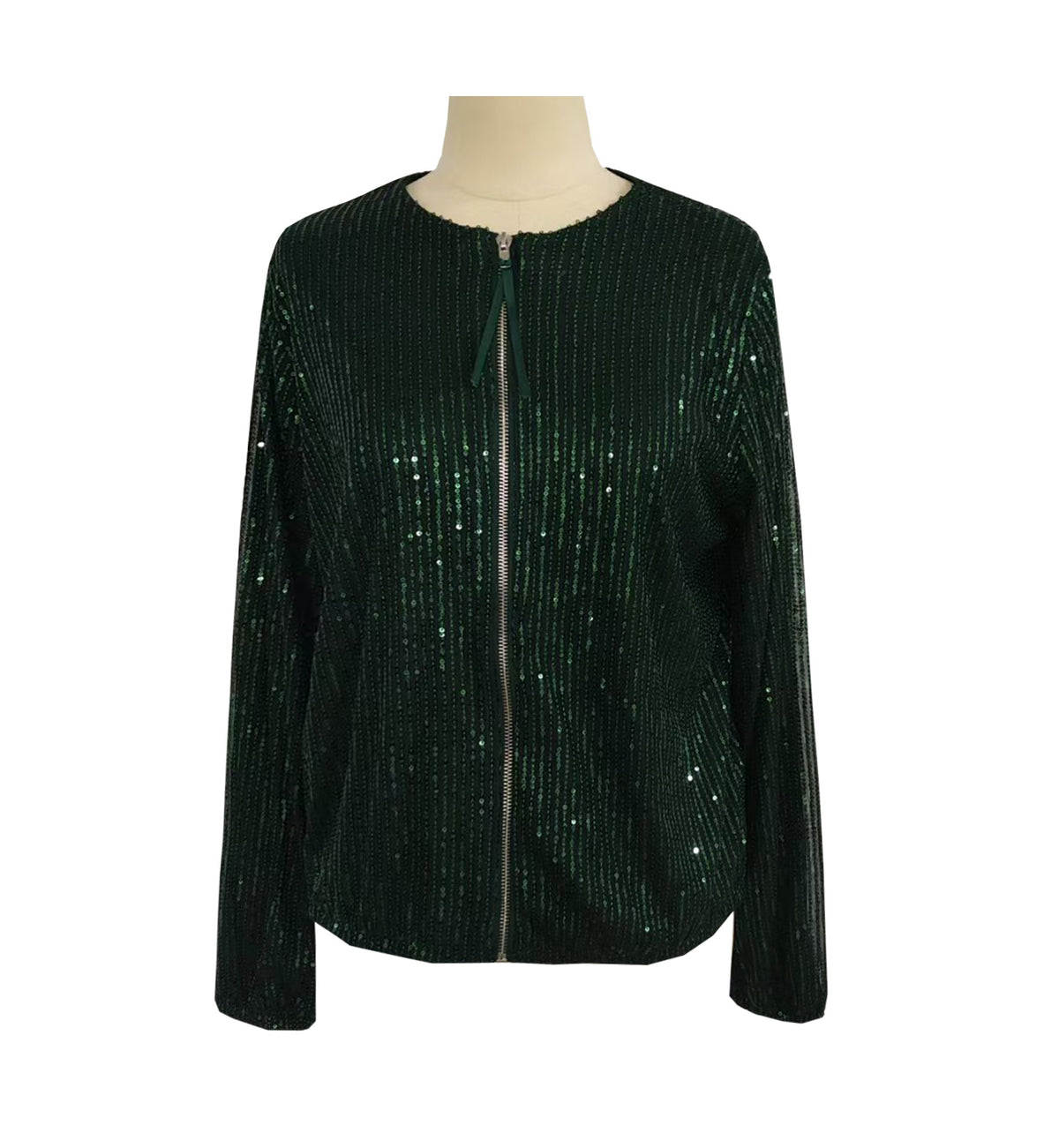 Sparkle Sequin Zip Up Bomber Jacket - Green - 1