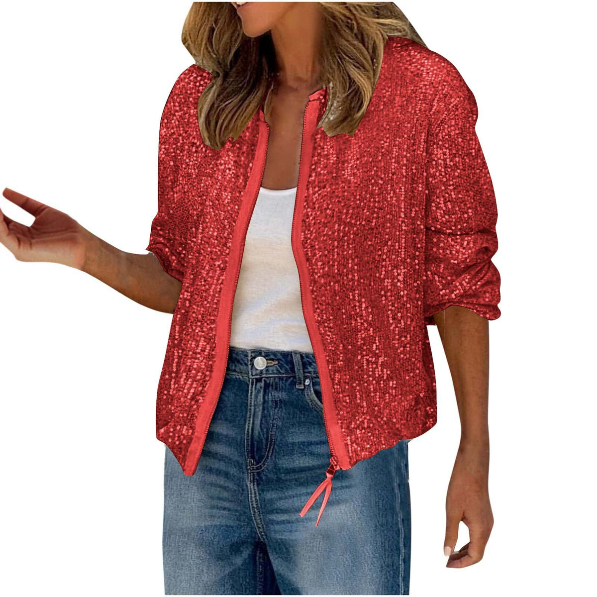 Sparkle Sequin Zip Up Bomber Jacket - LRed