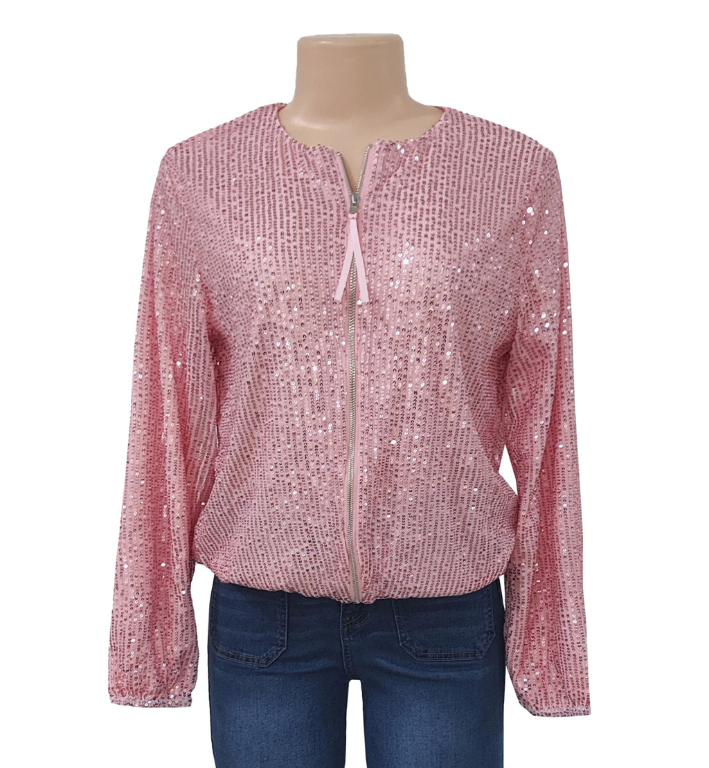 Sparkle Sequin Zip Up Bomber Jacket - Pink - 1