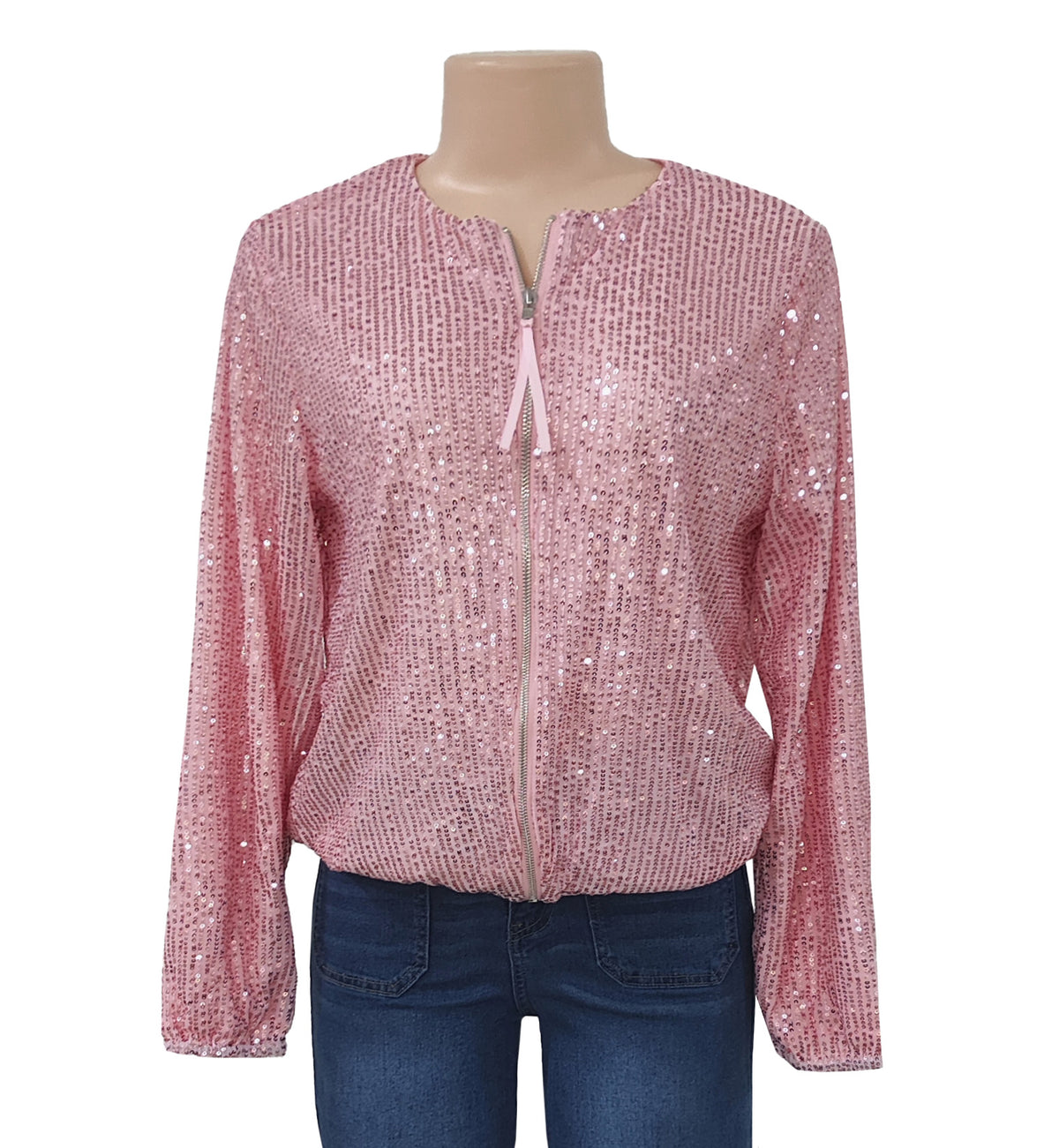 Sparkle Sequin Zip Up Bomber Jacket - Pink - 1