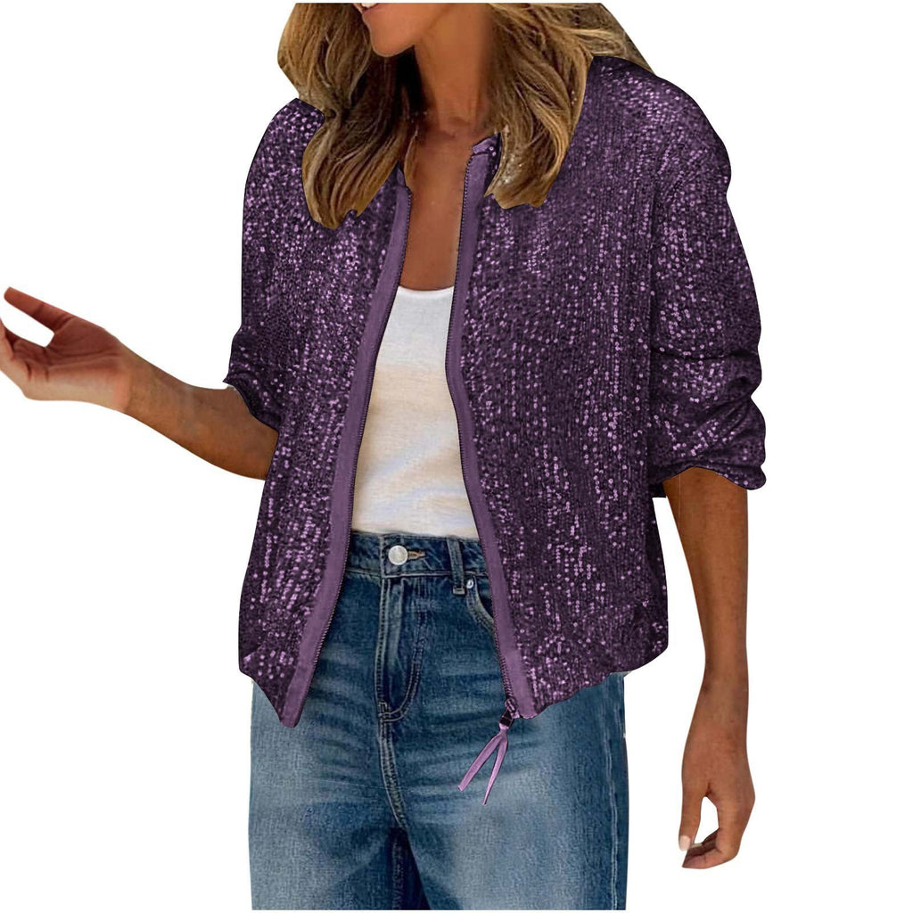 Sparkle Sequin Zip Up Bomber Jacket - Purple