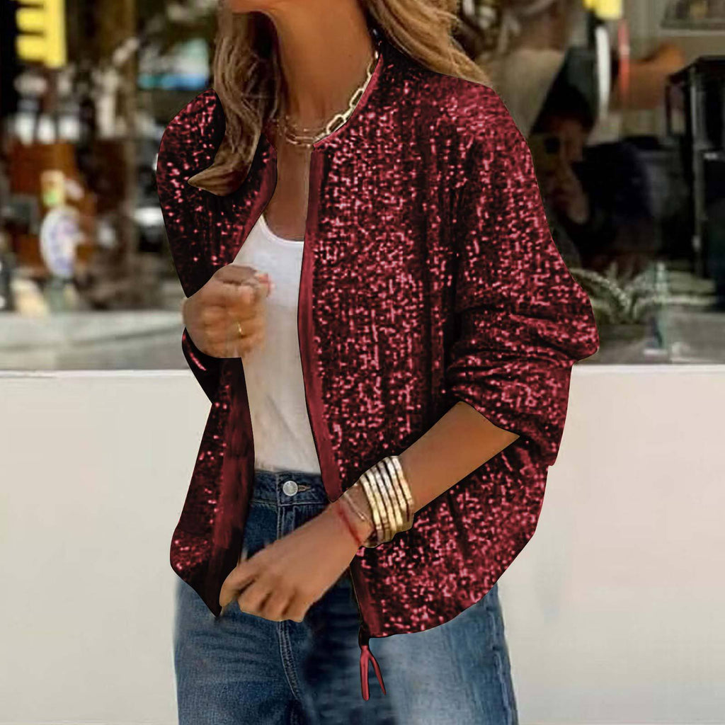 Sparkle Sequin Zip Up Bomber Jacket - Red - 1