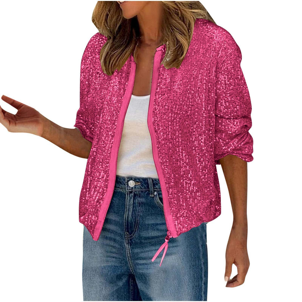 Sparkle Sequin Zip Up Bomber Jacket - Rose_red