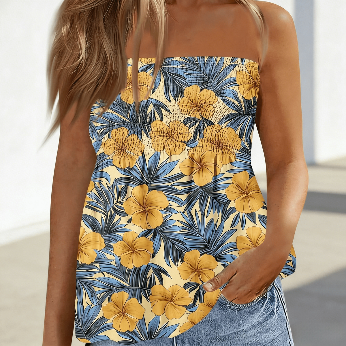Shirred Bandeau Flowy Peplum Tank Top - BYellow