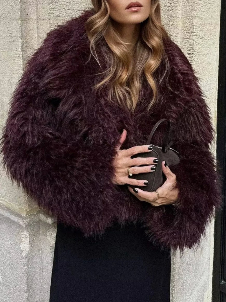 Shaggy Faux Fur Wide Lapel Jacket - Burgundy
