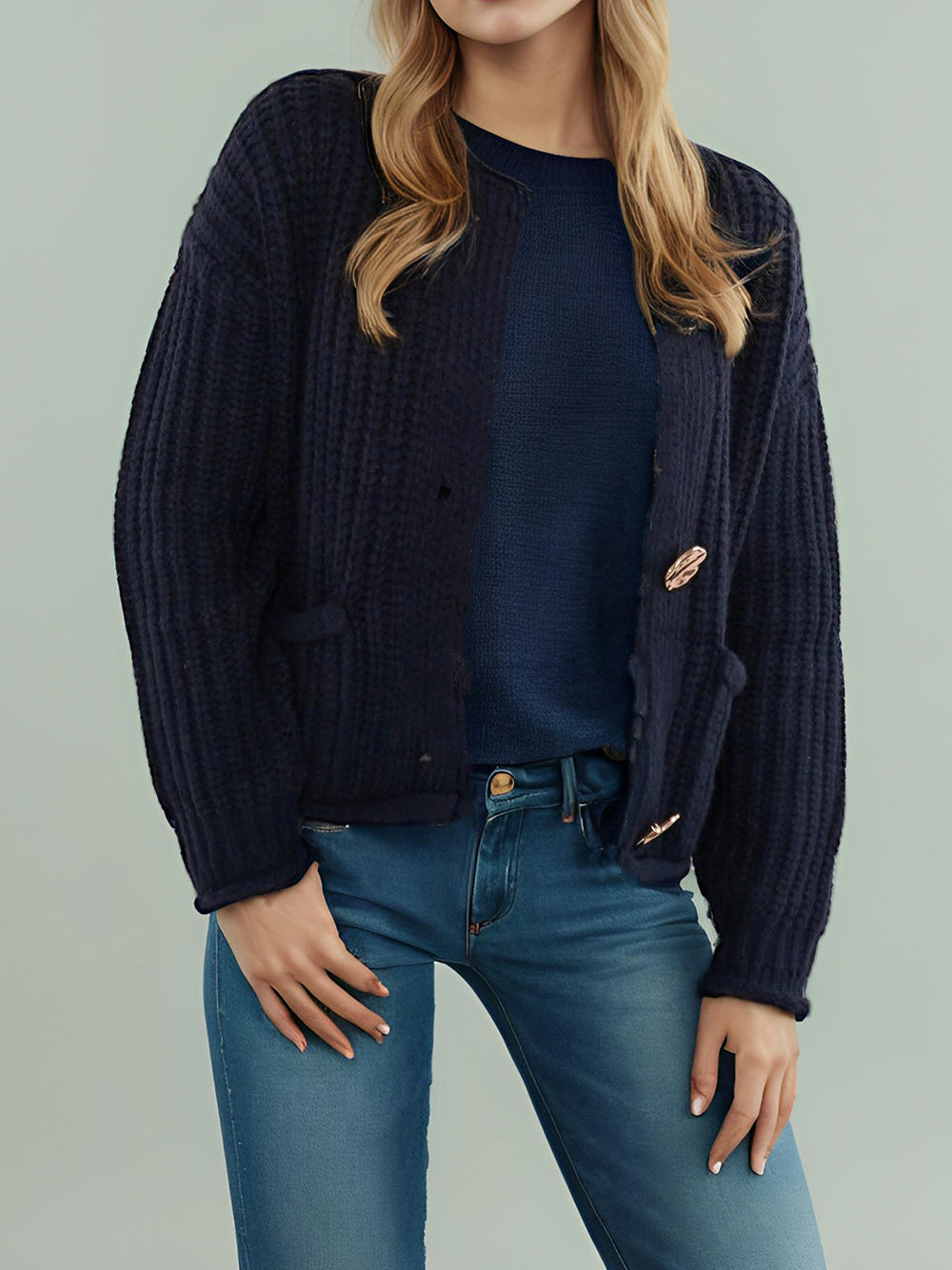 Cropped Ribbed Cardigan Round Neck Patch Pockets - Blue