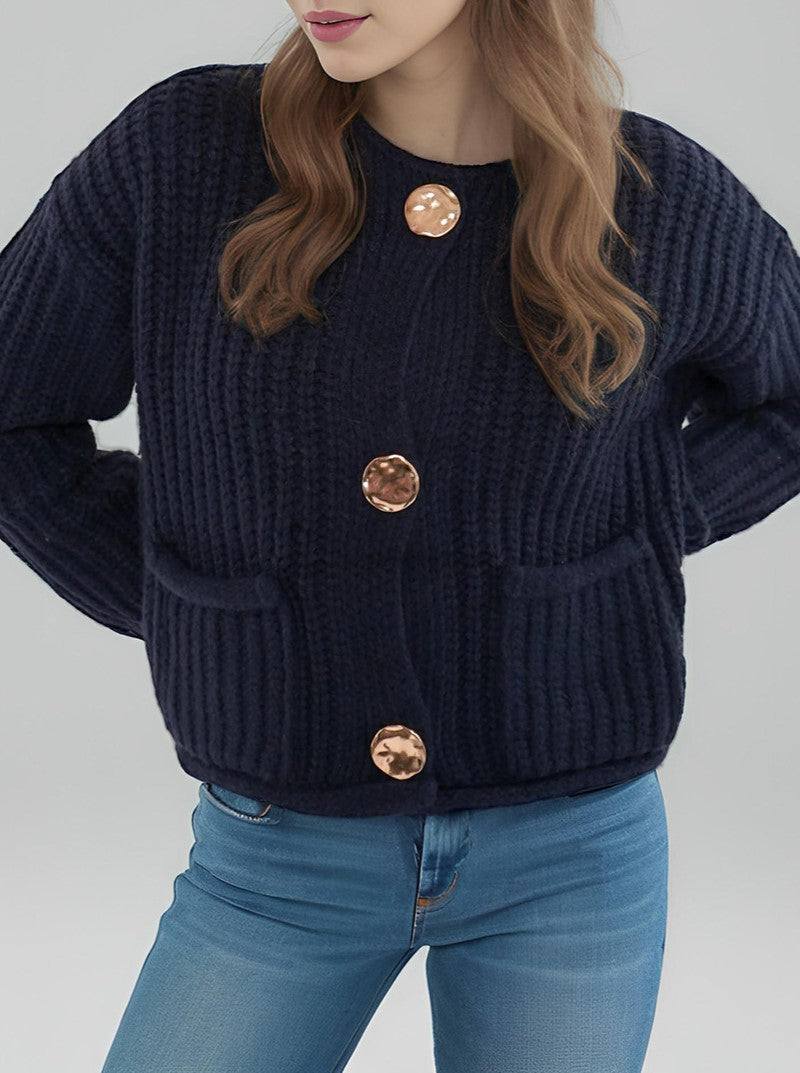 Cropped Ribbed Cardigan Round Neck Patch Pockets - Blue - 2