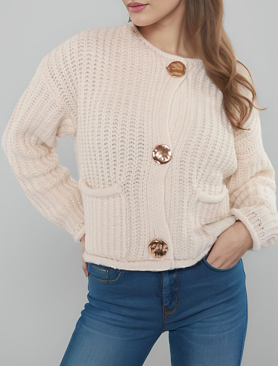 Cropped Ribbed Cardigan Round Neck Patch Pockets - White