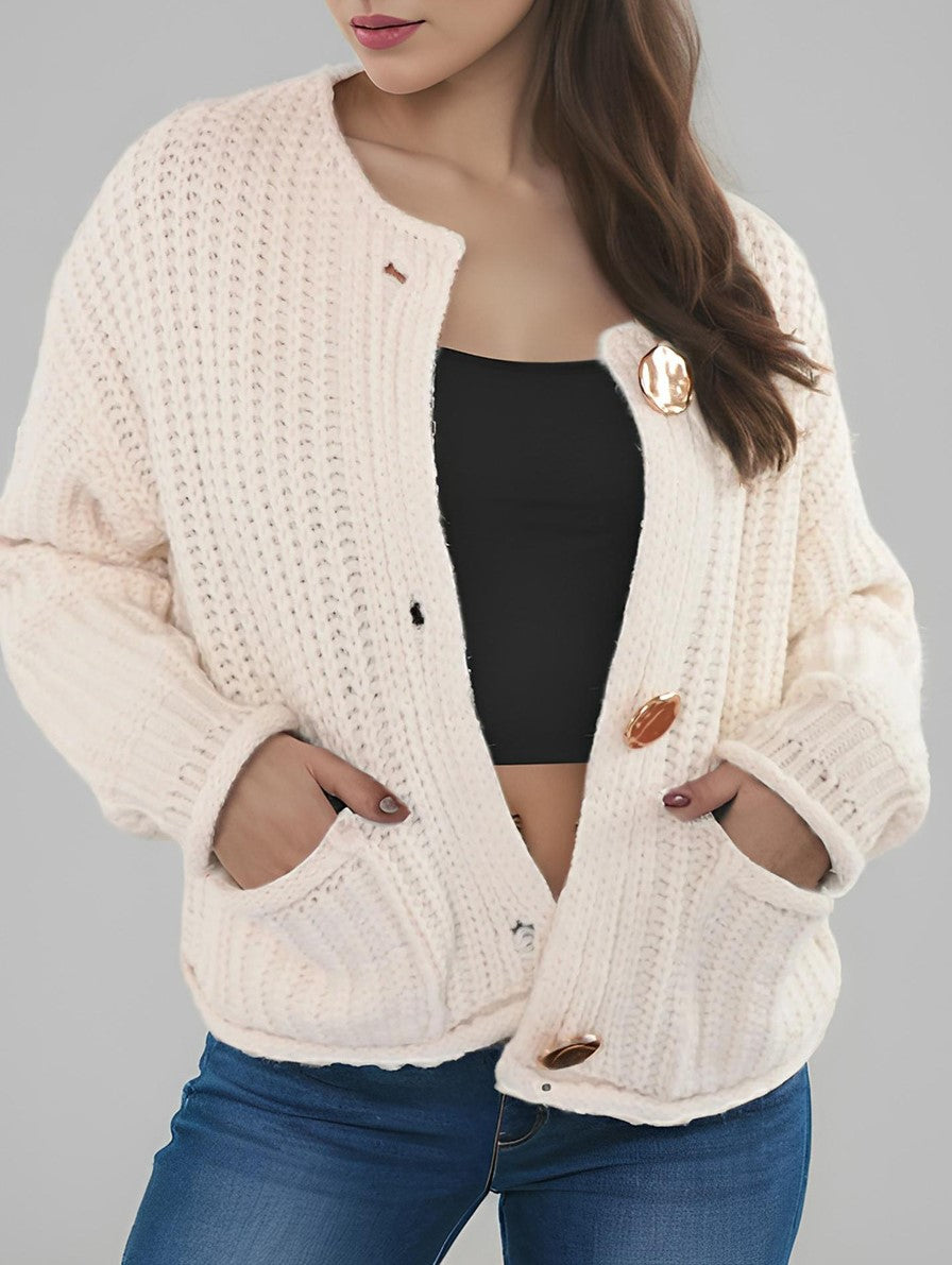 Cropped Ribbed Cardigan Round Neck Patch Pockets - White - 1