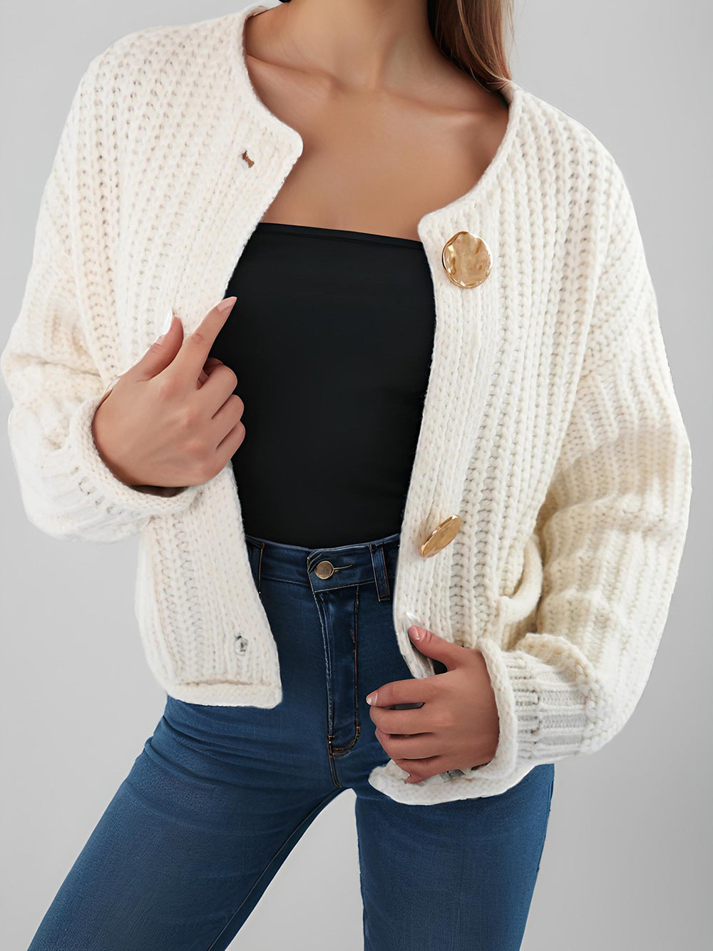 Cropped Ribbed Cardigan Round Neck Patch Pockets - White - 2