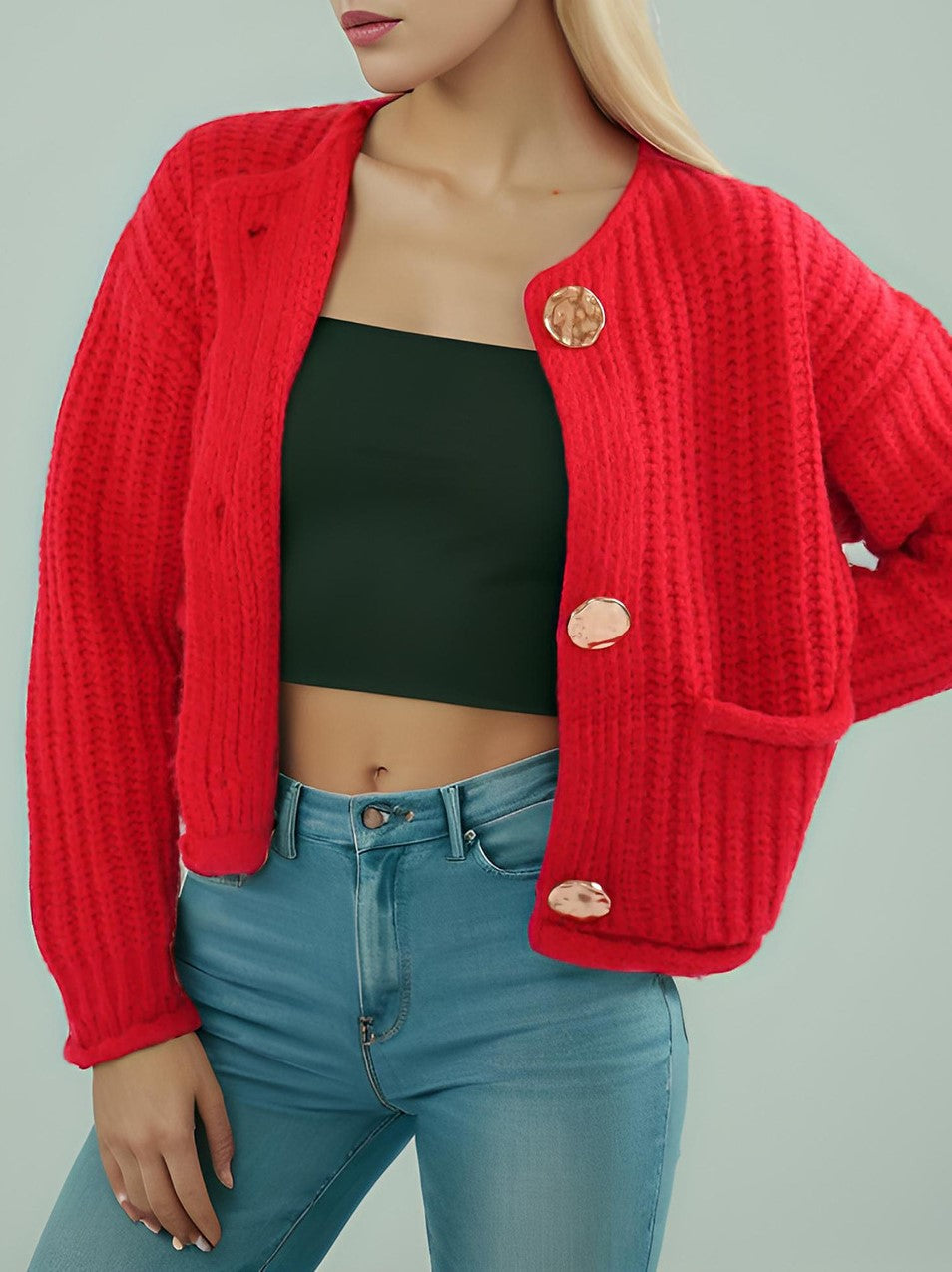 Cropped Ribbed Cardigan Round Neck Patch Pockets - view 1