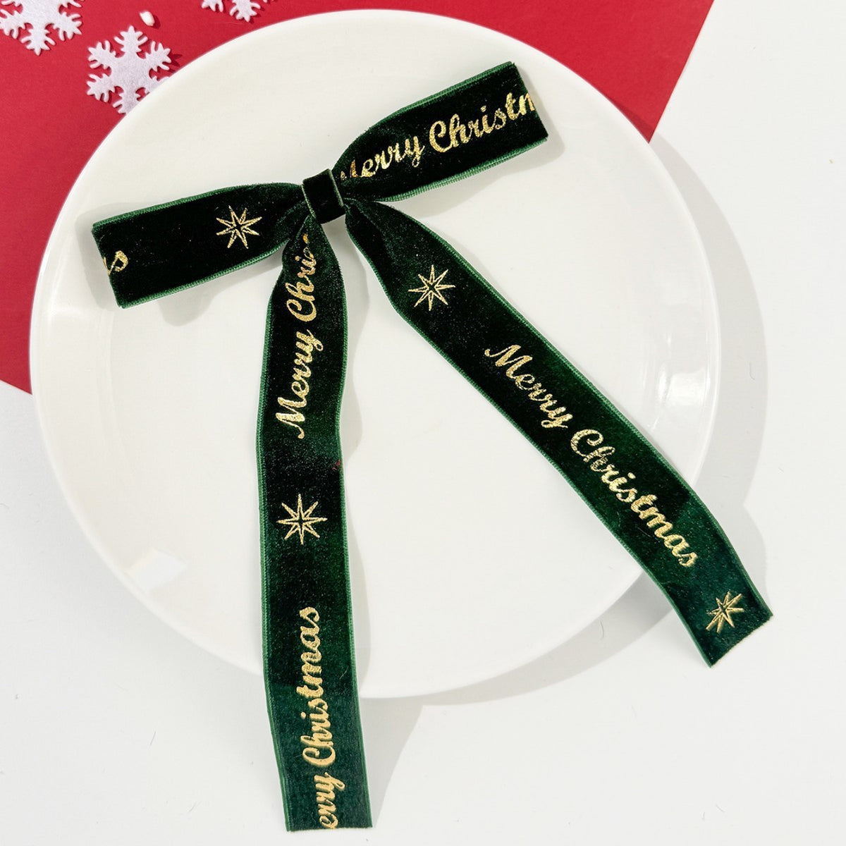 Foil Lettered Velvet Christmas Bow Clip - Green
