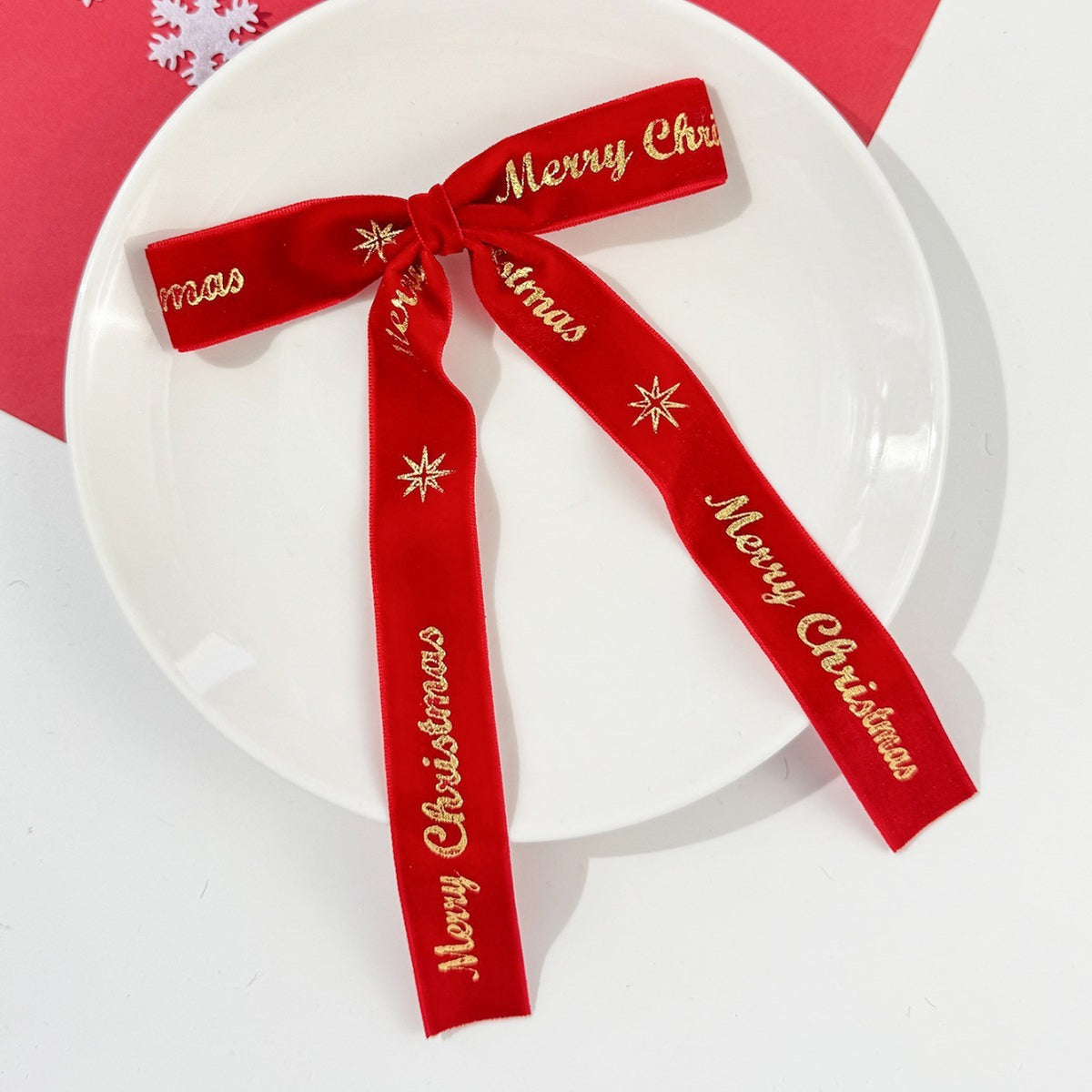 Foil Lettered Velvet Christmas Bow Clip - Red