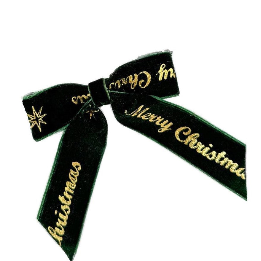 Foil Lettered Velvet Christmas Bow Clip - SmallGreen
