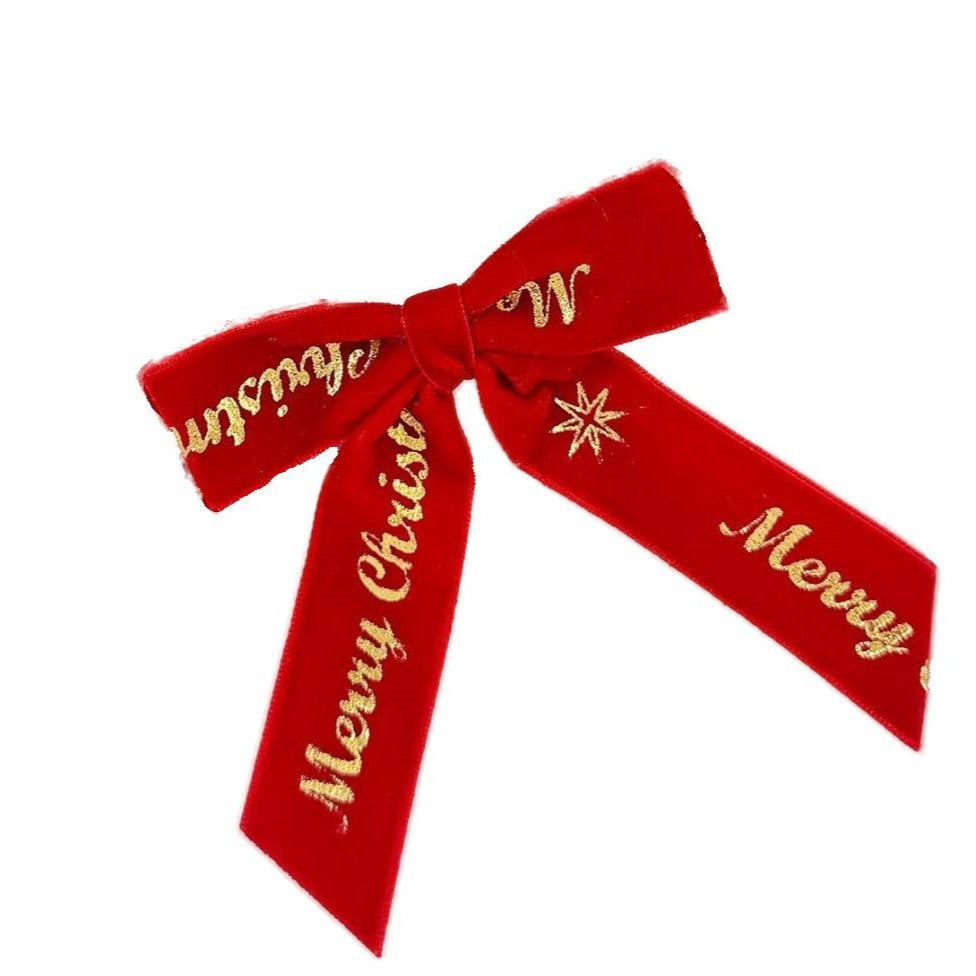 Foil Lettered Velvet Christmas Bow Clip - SmallRed