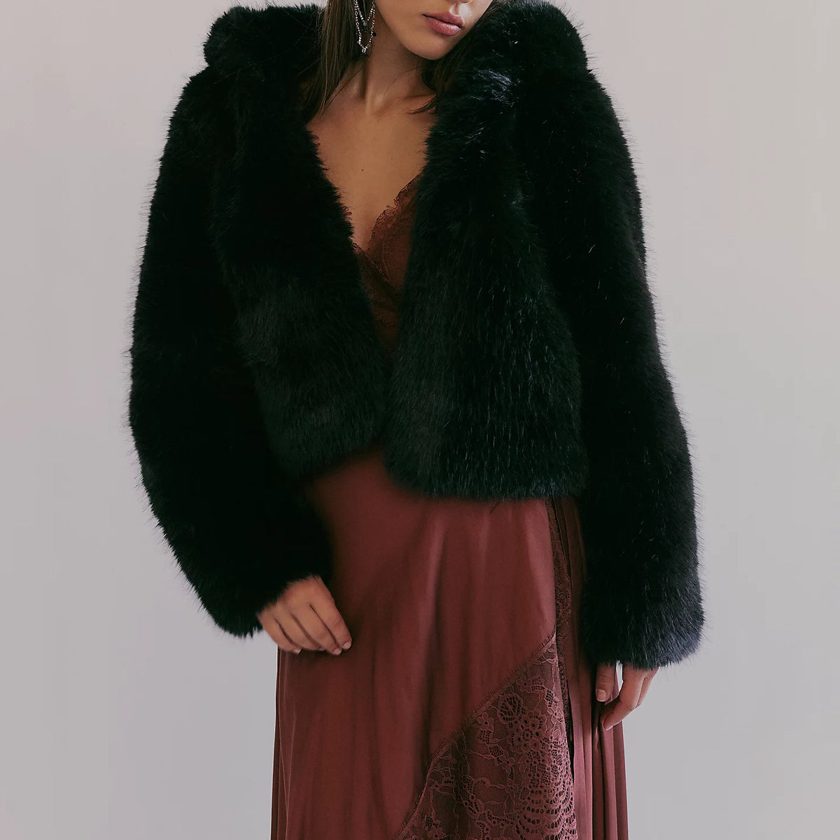 Cropped Faux Fur Hooded Zip Up Jacket - Black