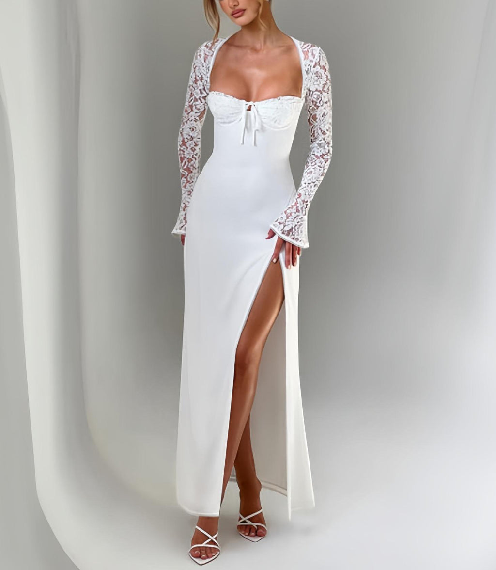 Lace Sleeve Corset Maxi Dress With Slit - White - 1