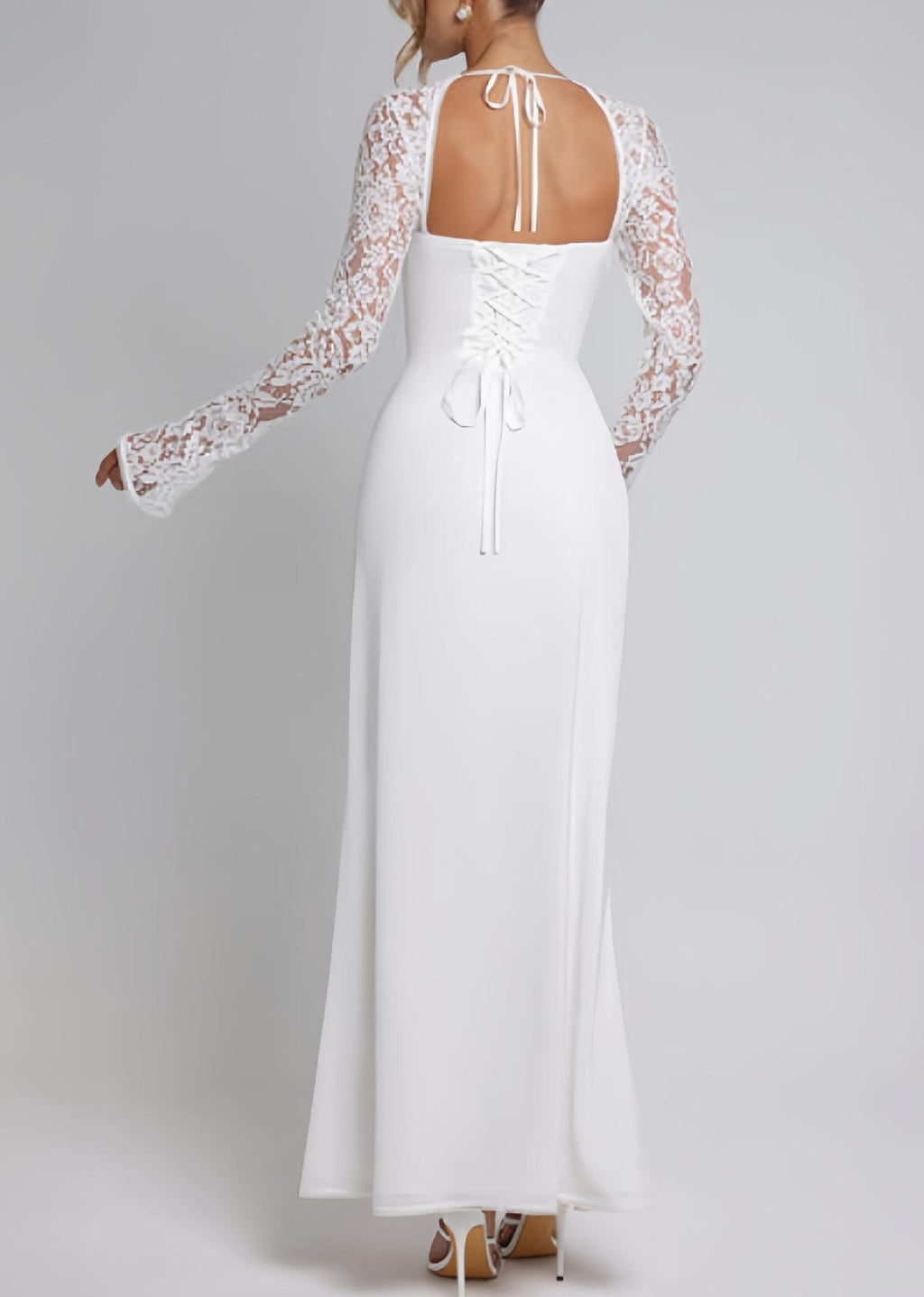 Lace Sleeve Corset Maxi Dress With Slit - White - 2