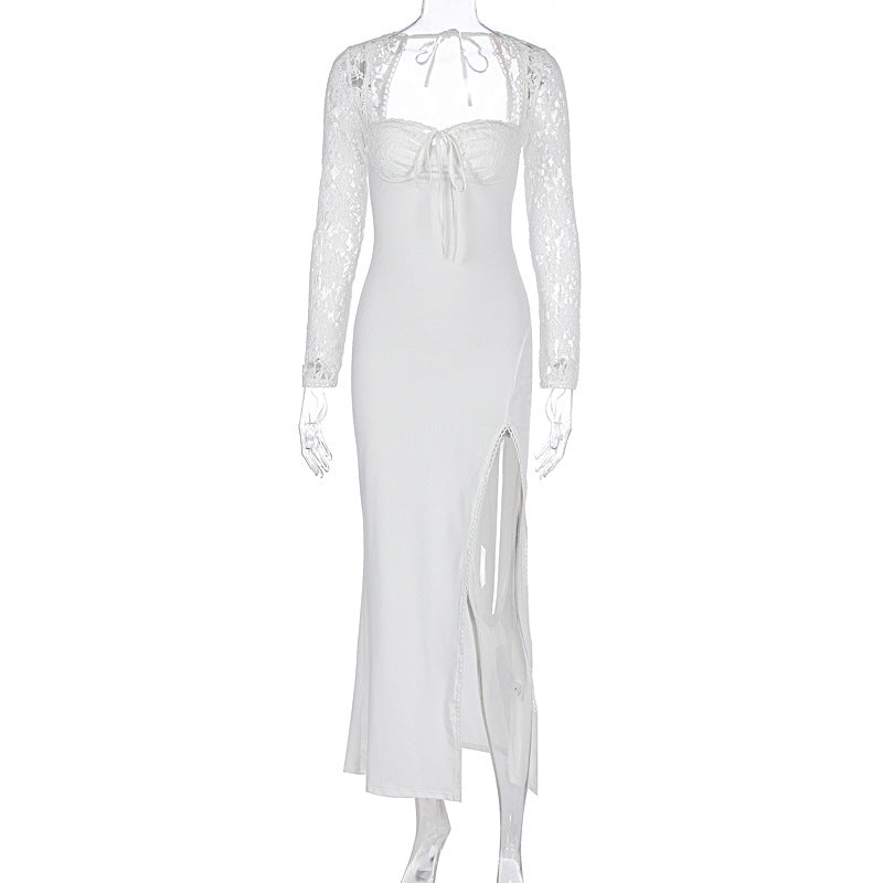 Lace Sleeve Corset Maxi Dress With Slit - White - 3