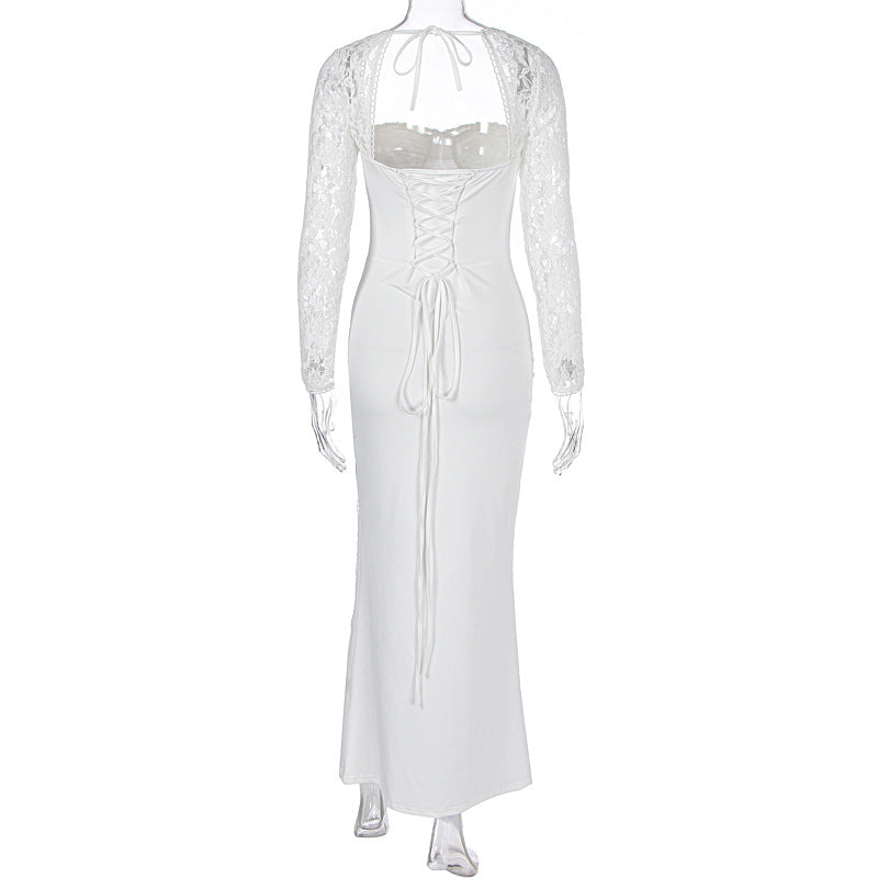 Lace Sleeve Corset Maxi Dress With Slit - White - 4