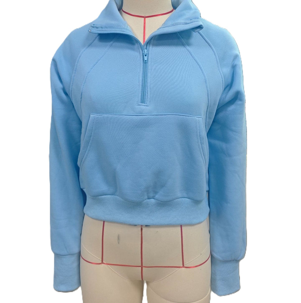 Cropped Half Zip Sweatshirt With Kangaroo Pocket - Blue