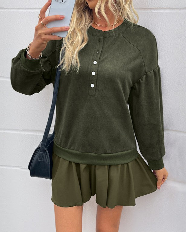 Henley Button Pleated Hem Sweater Dress - Green - 1