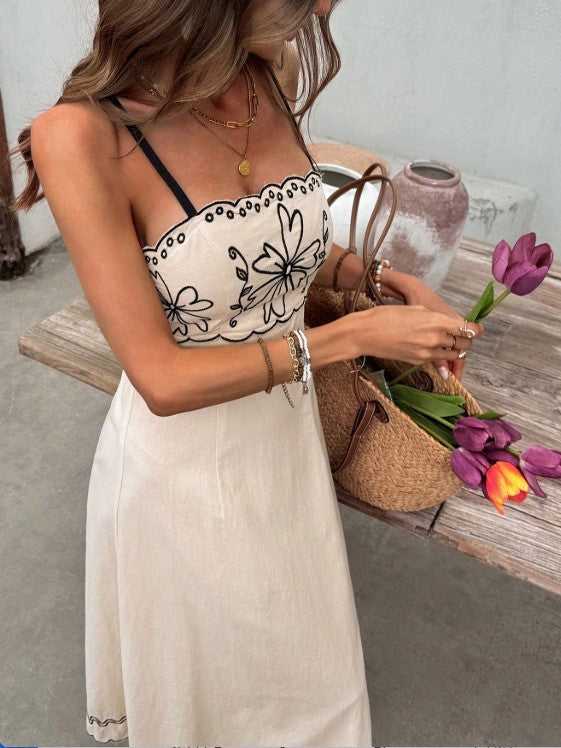 Floral Embroidered Tie Back Maxi Dress - Apricot