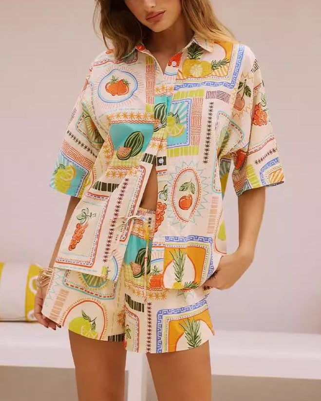 Fruit Print Linen Shirt And Shorts Set - Decor - 1