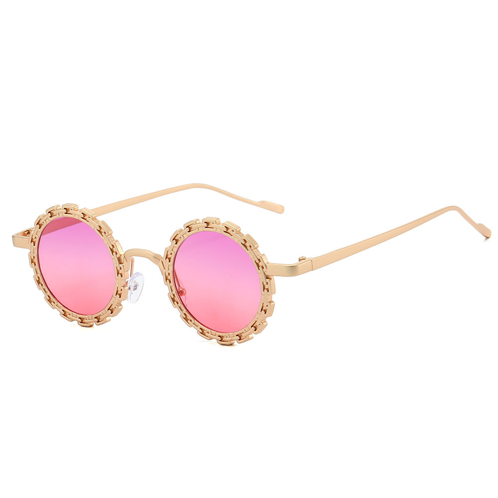 Round Sunglasses With Scalloped Metal Trim - C7
