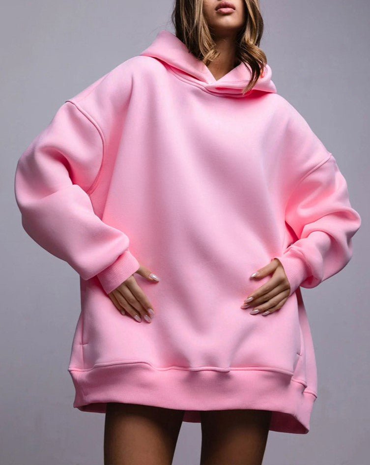 Oversized Longline Fleece Hoodie - Pink