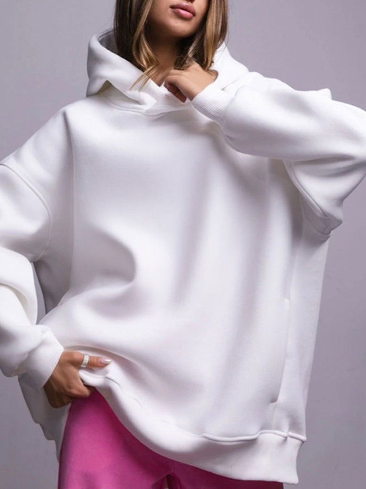 Oversized Longline Fleece Hoodie - White - 1