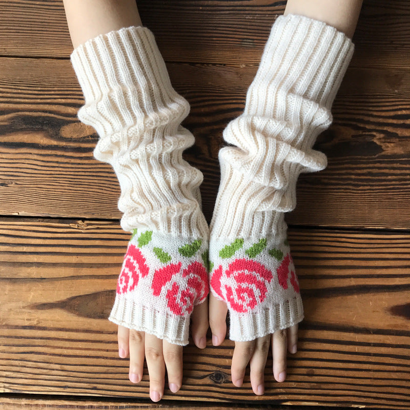 Slouchy Floral Knit Fingerless Arm Warmer Gloves - Beige