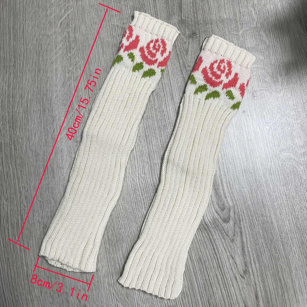 Slouchy Floral Knit Fingerless Arm Warmer Gloves - Beige - 1