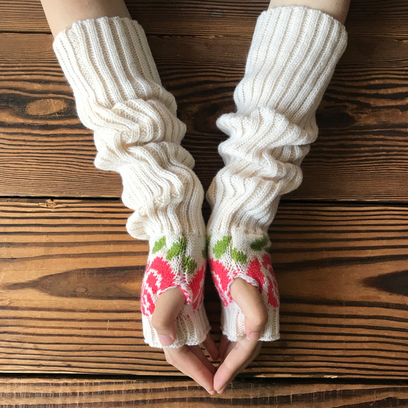 Slouchy Floral Knit Fingerless Arm Warmer Gloves - Beige - 2