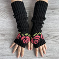 Slouchy Floral Knit Fingerless Arm Warmer Gloves - Black