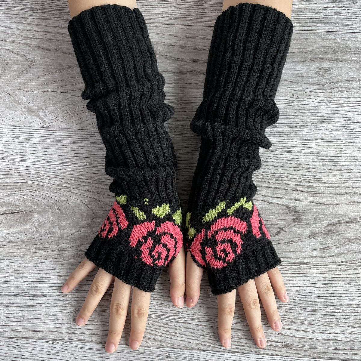 Slouchy Floral Knit Fingerless Arm Warmer Gloves - Black