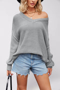 Deep V-Neck Slouchy Oversized Knit Jumper - Gray