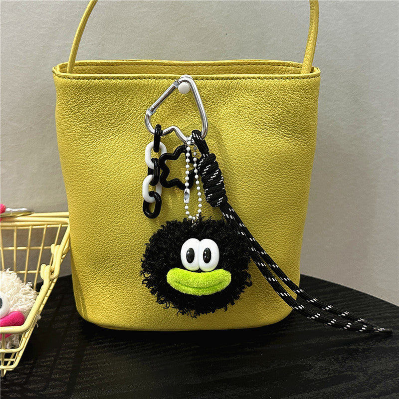 Fuzzy Pom Pom Face Plush Keychain - Black