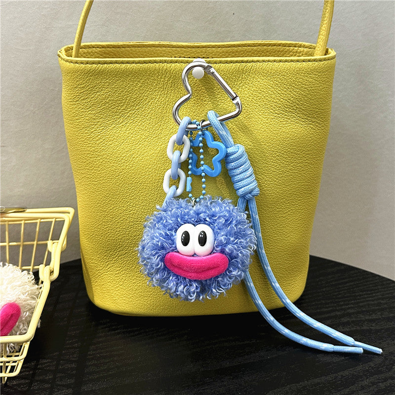 Fuzzy Pom Pom Face Plush Keychain - Blue