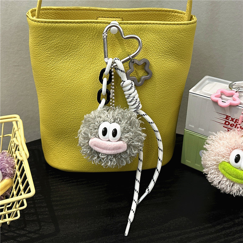 Fuzzy Pom Pom Face Plush Keychain - Grey