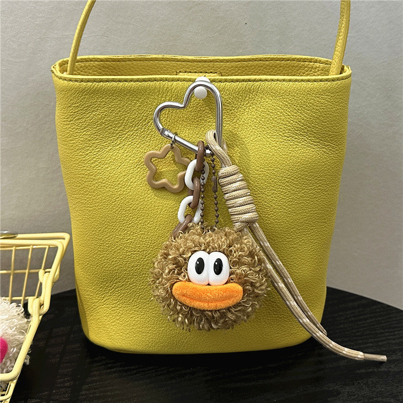Fuzzy Pom Pom Face Plush Keychain - Khaki